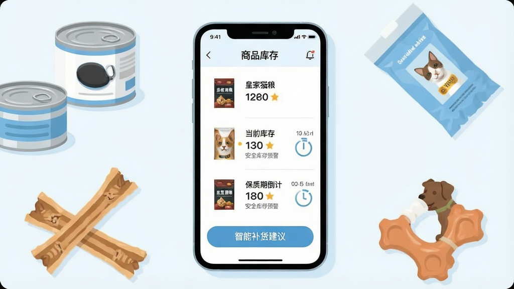 һ��չʾ���ϰ���������ܵĽ���ʾ��ͼ�������������ֻ���Ļ����ʾ��Ʒ����б���������ƷͼƬ�����ơ��ʼ�è��������ǰ�����������ȫ���Ԥ����ʶ�ͱ����ڵ���ʱ����Ļ�·���һ�����ܲ������鰴ť����Χ�����ų���ʳƷ��ͷ��è������ҧ������ƷԪ�أ�����ƽ������ɫ�԰�ɫ��ǳ��ɫΪ����ϸ�ڸɾ��������������޶���Ԫ��