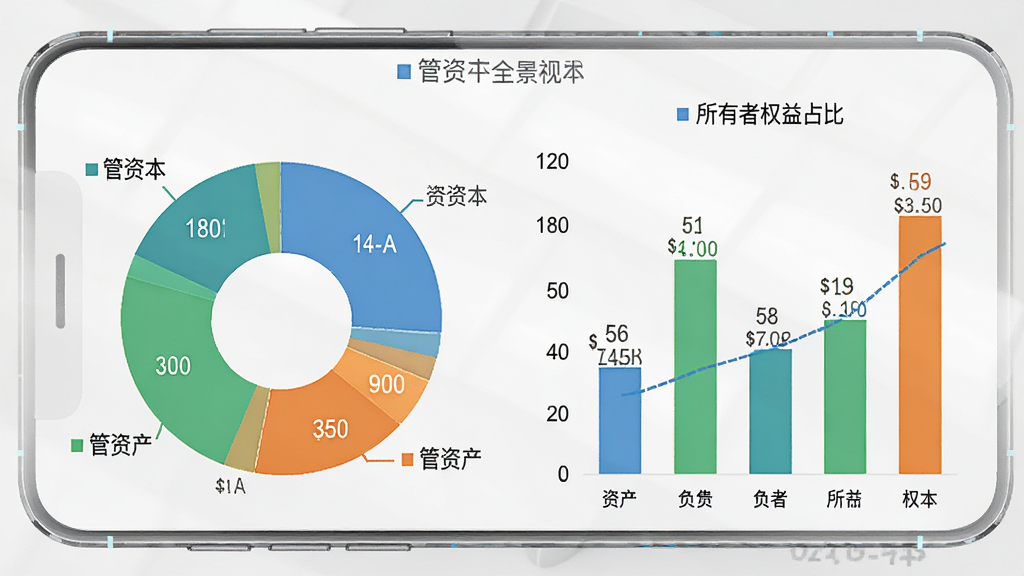管资本 资本全景视图界面 手机屏幕显示饼状图和柱状图组合 图表中标注资产 负债 所有者权益占比 背景为浅灰色 图表配色采用蓝绿橙三色区分 数据标签清晰 整体风格商务简洁 画质干净