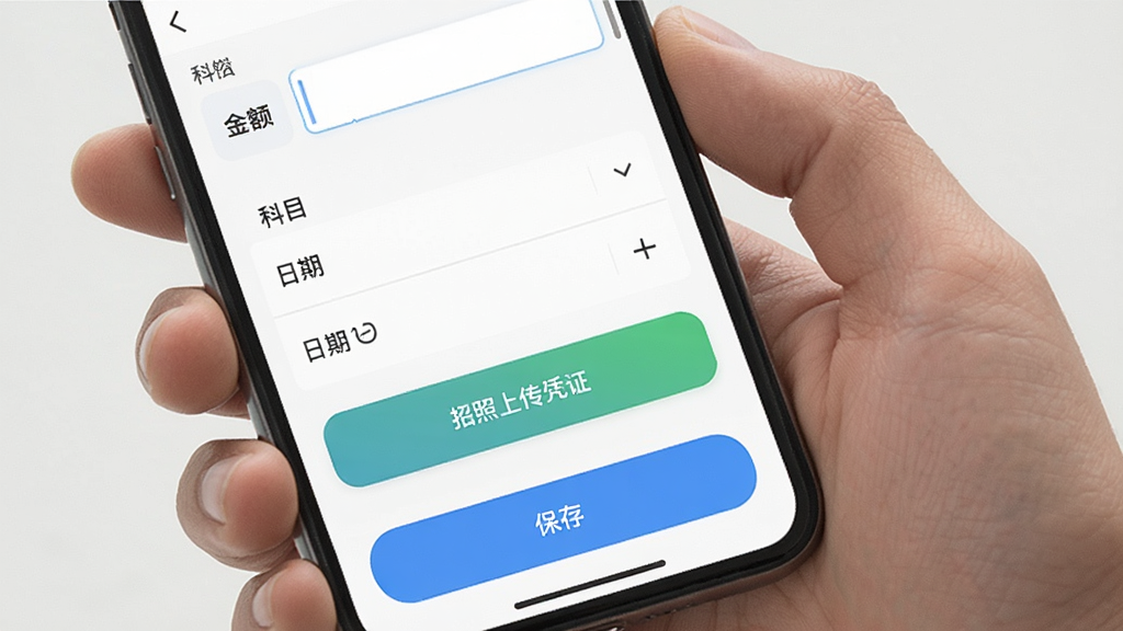 管资本 移动端快捷记账界面 手机屏幕显示记账表单 包含金额输入框 科目选择下拉菜单 日期选择器 拍照上传凭证按钮 底部有保存按钮 界面简洁 按钮大而清晰 适合单手操作 画质干净