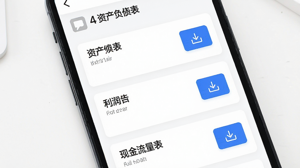 管资本 智能报表生成功能展示 手机屏幕显示报表列表 每张报表卡片上有资产负债表 利润表 现金流量表字样 卡片右侧有导出按钮图标 界面背景白色 文字黑色 按钮蓝色 布局整齐 风格现代 画质清晰