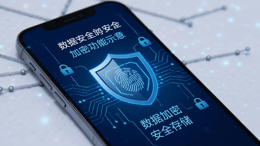管资本 数据安全加密功能示意 手机屏幕显示盾牌图标和指纹识别图案 背景深蓝色 有锁形符号和加密线条装饰 文字标注数据加密 安全存储 风格科技感 画质清晰 无杂乱元素