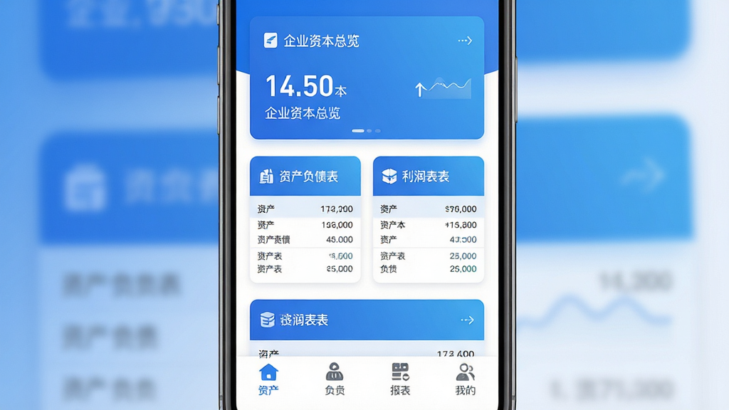 管资本 应用主界面展示 手机屏幕竖版构图 顶部显示企业资本总览卡片 中间是资产负债表和利润表快捷入口 底部为资产 负债 报表 我的四个导航选项 蓝色渐变主色调 界面干净整洁 扁平化设计风格 文字清晰可辨 画质高清 无多余元素