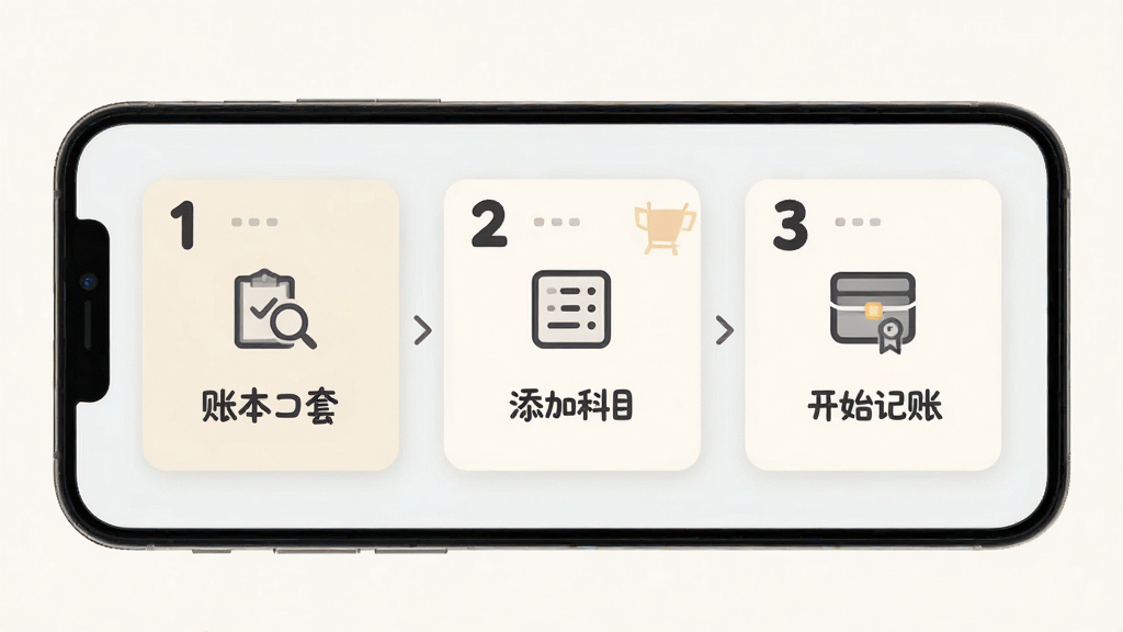 管资本 新手操作引导界面 手机屏幕显示分步教程卡片 第一步设置账套 第二步添加科目 第三步开始记账 每张卡片有数字序号和简洁图标 背景浅色 文字深色 风格友好 画质清晰 无杂乱装饰