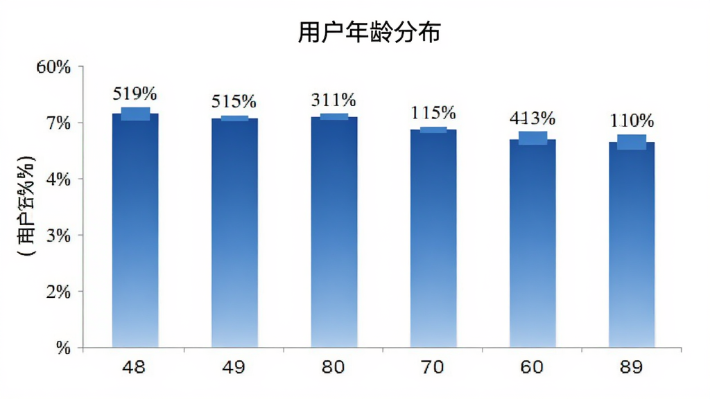 管资本 用户年龄分布柱状图 横轴为年龄段 纵轴为百分比 柱子颜色为蓝色渐变 图表标题为用户年龄分布 背景白色 数据标签清晰 风格简洁商务 画质干净