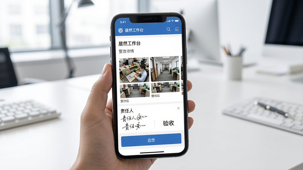 ��Ȼ����̨Ѳ�����Ľ��棬������һ���ֻ�չʾ��Ļ����Ļ���Ǿ�Ȼ����̨�����ĵ�����ҳ�����ֳ�������Ƭ�����ĺ���Ƭ�ĶԱ�ͼ���·���������ǩ�������հ�ť�������Ǹɾ������İ칫�����棬����ִ����񣬻����������޶���Ԫ��