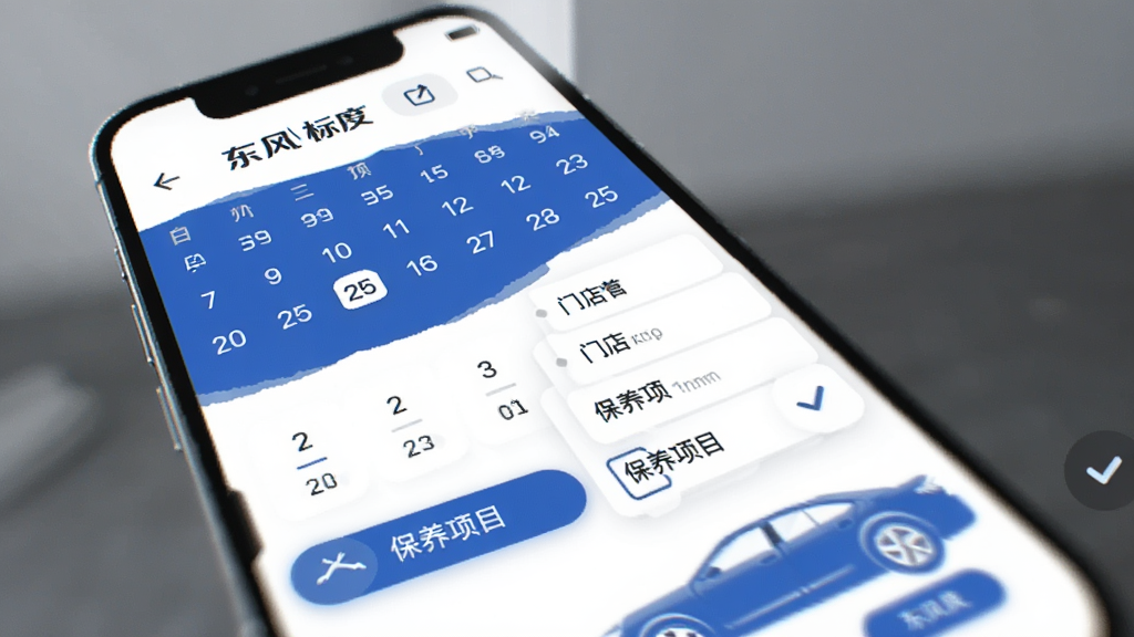 东风标致App预约维保功能界面,手机屏幕显示着日历选择日期、门店列表和保养项目勾选项,界面以白色和蓝色为主,布局清晰,操作按钮圆润,风格现代扁平,画质干净,无多余元素