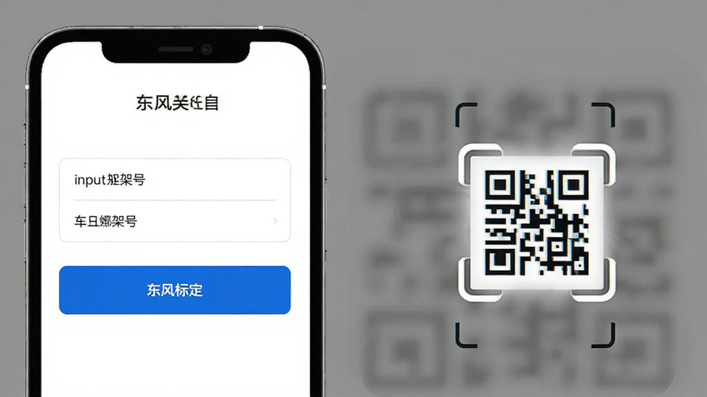 东风标致App车辆绑定操作步骤示意图,手机屏幕显示着输入车架号的界面和扫描二维码的图标,界面以白色为底,蓝色按钮醒目,布局清晰,风格简洁现代,画质干净,无多余元素