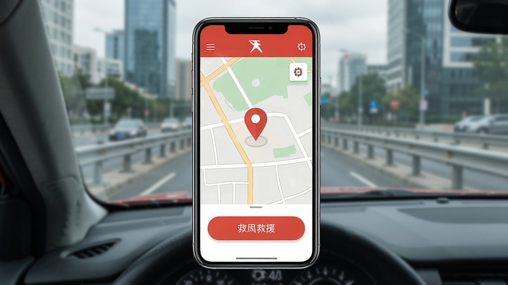 东风标致App道路救援功能展示,手机屏幕显示着地图定位图标和救援按钮,背景是城市道路场景,风格写实但简洁,画质清晰,无多余元素