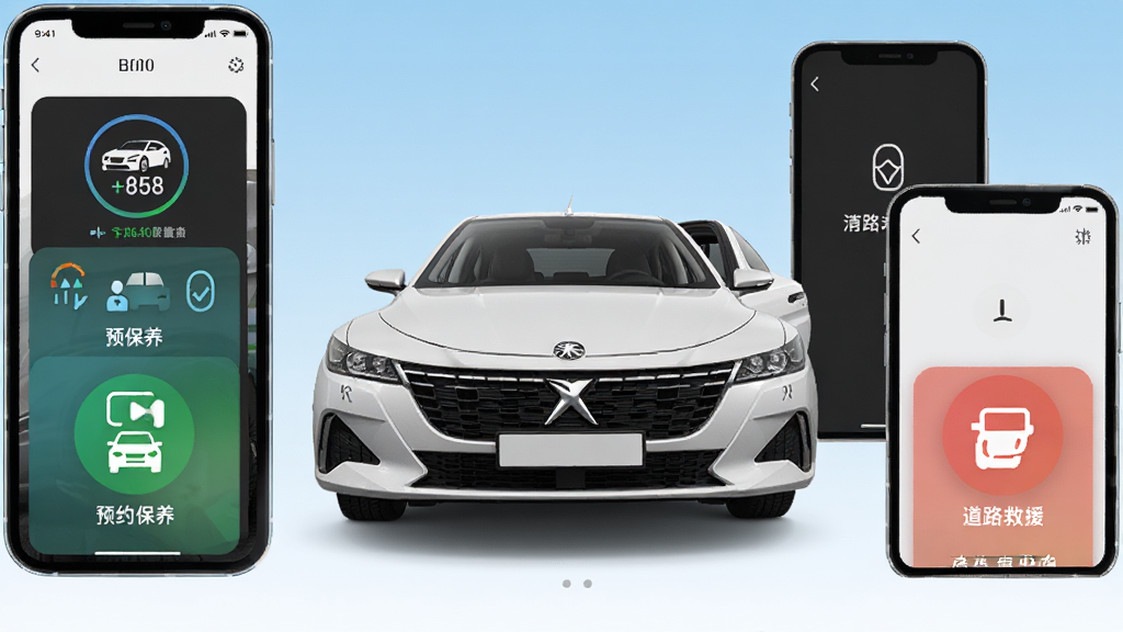 东风标致手机App主界面展示,画面中央是一辆白色东风标致轿车,车辆周围环绕着手机屏幕,屏幕上显示着车辆状态、预约保养、道路救援等功能图标,背景是浅蓝色渐变,风格简洁现代,画质干净清晰,无多余元素