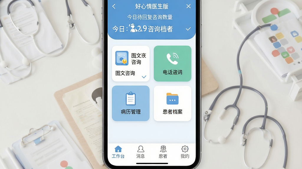好心情医生版 应用主界面全貌展示 手机屏幕竖版构图 画面中央是医生工作台界面 顶部显示今日待回复咨询数量 中间排列着图文咨询 电话咨询 病历管理 患者档案四个功能卡片 底部导航栏为工作台 消息 患者 我的 整体配色以宁静的蓝白色调为主 风格简洁专业扁平化 细节圆润清晰 画质干净无多余元素