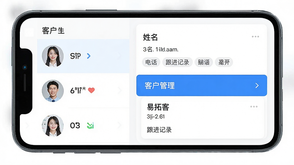 易拓客 客户管理界面 手机屏幕展示 左侧是客户头像列表 右侧是详细信息卡片 包含姓名 电话 标签 跟进记录 蓝色高亮选中状态 界面干净 文字清晰 扁平化设计 无杂乱元素 高清画质