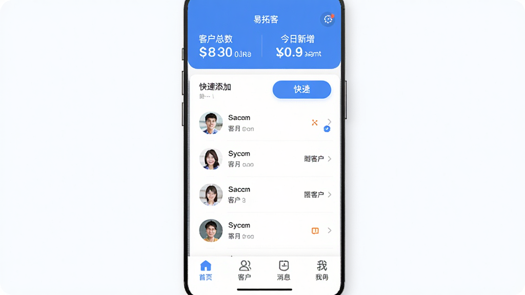 易拓客 手机应用主界面 简洁蓝色调 顶部显示客户总数和今日新增 中间是客户列表和快捷添加按钮 底部导航栏为首页 客户 消息 我的 整体布局清晰 现代扁平风格 圆角图标 干净无多余元素 高清画质