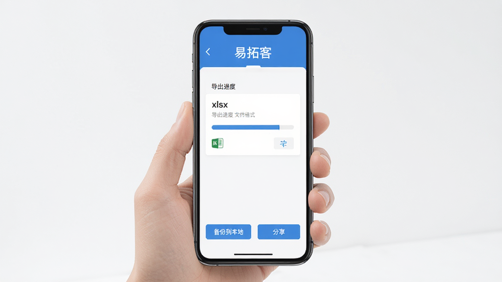 易拓客 数据导出界面 手机屏幕 显示导出进度条 文件格式为xlsx 下方有备份到本地和分享按钮 蓝色主题 界面简洁 文字清晰 扁平化风格 干净无多余元素 高清画质