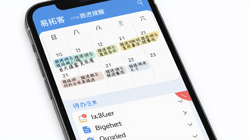 易拓客 跟进提醒界面 手机屏幕 日历视图 标注了不同日期的跟进事项 下方是待办列表 红色角标提示 蓝色主题色 界面清晰 扁平化设计 文字易读 干净无多余元素 高清画质