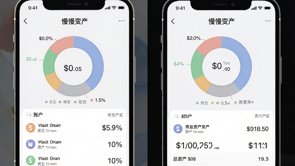 һ���ֻ������ͼ��չʾ�������主��Ӧ�õ��ʲ�����ҳ�棬ҳ�涥����һ��Բ��ͼ����ʾ��ͬ�ʲ�����ռ�ȣ��·����˻��б������ʲ����֣���������ִ�����ɫ��ͣ����ݿ��ӻ�����������࣬����ɾ����޶���Ԫ�أ�����������