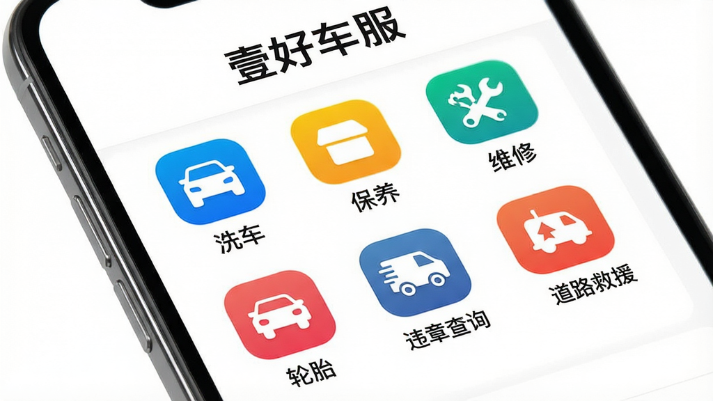 �ֻ���Ļ��д��������չʾ��Ҽ�ó�����App�ķ����б�ҳ�棬��Ļ�Ϸ��С�Ҽ�ó��������⣬�·�����������ϴ����������ά�ޡ���̥��Υ�²�ѯ����·��Ԯ�Ȳ�ɫ����ͼ�꣬ÿ��ͼ���·������������ı�ǩ�������Ű������򣬱���Ϊ����ɫ�������ˬ�ִ������ʸɾ��޶���Ԫ�ء�