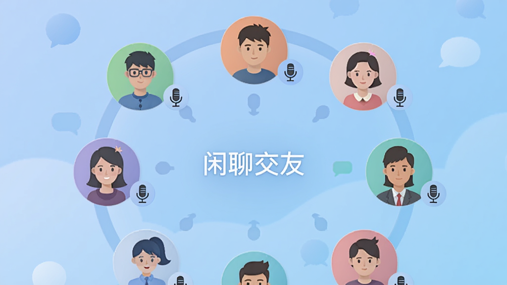 一张展示叮当语音多人语音房间界面的图片,画面中有多个用户头像围成一圈,每个头像旁边有麦克风图标,中间显示房间主题“闲聊交友”,背景是柔和的渐变蓝色,风格现代扁平,画质干净无多余元素