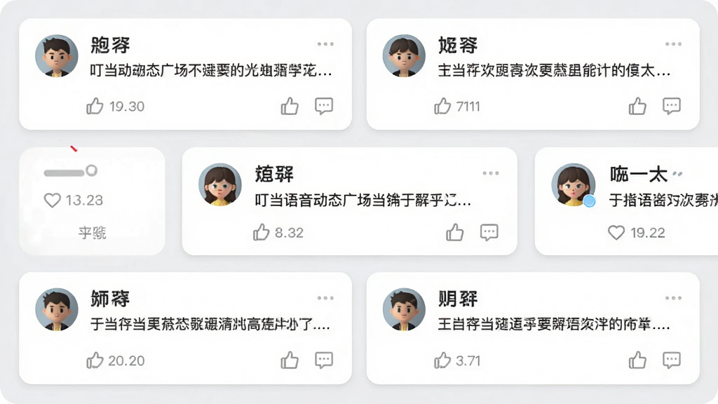 一张展示叮当语音动态广场界面的图片,画面中排列着多条用户动态卡片,卡片上有用户头像、昵称、文字内容和点赞评论图标,背景是浅灰色,整体布局清晰,风格简约现代,画质干净无多余元素