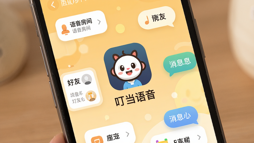 一张手机屏幕展示叮当语音App主界面的图片,画面中央是叮当语音的Logo和名称,周围环绕着语音房间、好友列表、消息气泡等元素,背景是温馨的暖色调,整体风格简洁明快,画质干净清晰,无多余元素