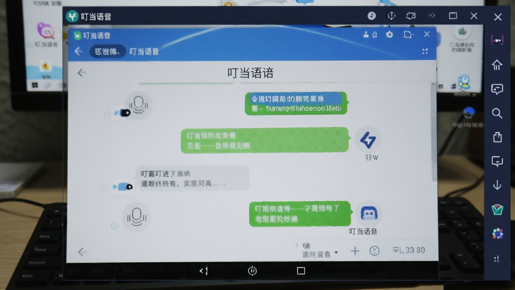 一张展示在电脑安卓模拟器中运行叮当语音的图片,画面中模拟器窗口内显示叮当语音的聊天界面,窗口周围有模拟器的控制按钮,背景是电脑桌面,风格写实,画质干净无多余元素