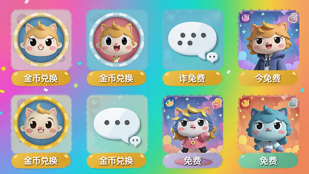 一张展示叮当语音个性化装扮商城的图片,画面中陈列着各种头像框、气泡和背景皮肤,每件物品下方有“金币兑换”或“免费”标签,背景是活泼的彩色渐变,风格年轻化,画质干净无多余元素