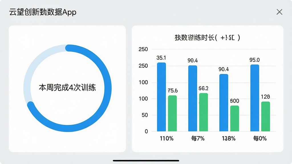 一张云望创新App的数据统计页面截图,画面中是一个简洁的环形进度图和柱状图,环形图显示“本周完成4次训练”,柱状图展示每天的训练时长。背景是浅灰色,图表颜色以蓝色和绿色为主,数据标签清晰,整体风格清爽干净,画质无噪点。