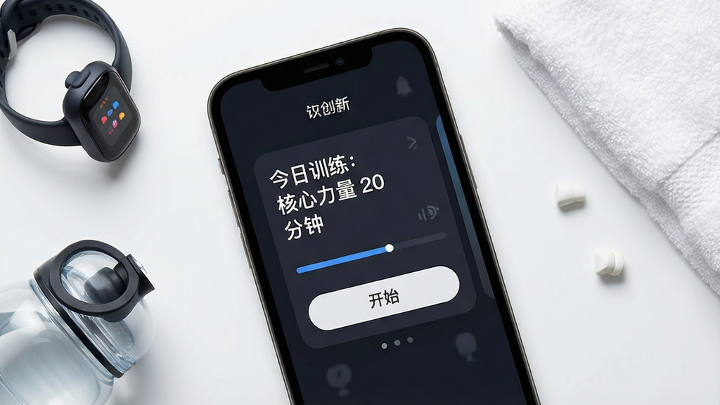 一张展示云望创新App核心界面的手机屏幕截图,画面中央是深色背景下的训练计划卡片,卡片上显示“今日训练:核心力量 20分钟”字样,下方有进度条和开始按钮。手机周围环绕着运动手环、水杯和毛巾等健身小物件,整体风格简洁现代,画质干净清晰,无多余元素。