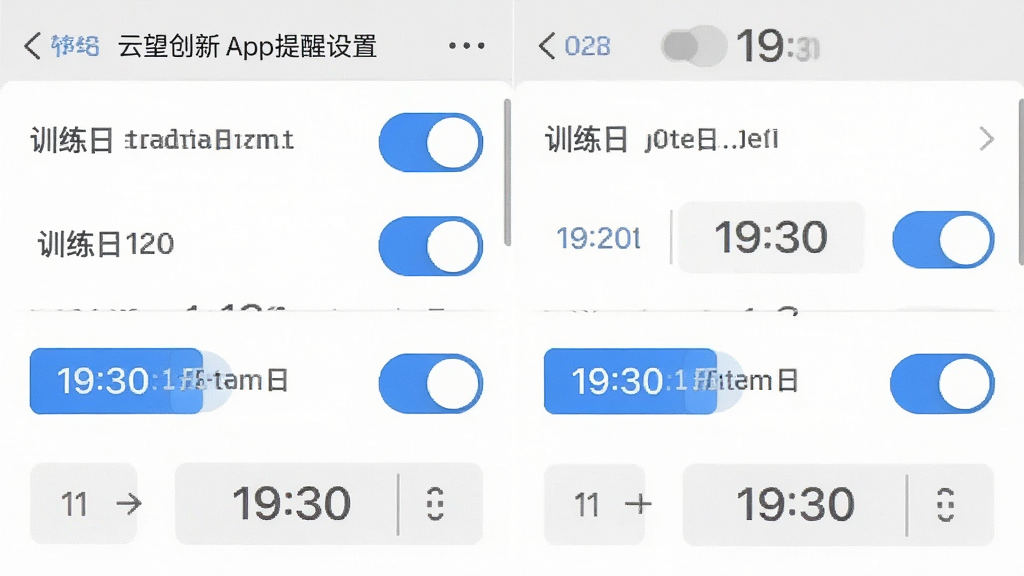 一张云望创新App的提醒设置界面截图,画面中显示多个训练日的开关按钮和时间选择器,按钮为蓝色激活状态,时间显示为“19:30”。界面背景为白色,文字为深灰色,布局整齐,风格极简,画质清晰无多余装饰。