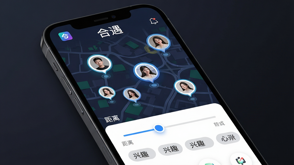 ����App��ͬ��ƥ�书�ܽ��棬�������ֻ���Ļ������չʾһ�ŵ�ͼ��ɢ���Ŷ���û�ͷ�����ݣ��·��о���ɸѡ�������Ȥ��ǩѡ��Ű�����������ִ��Ƽ��У�ϸ�ھ��£����ʸɾ��޶���Ԫ�أ���Ļ�Ϸ���ʾ������������