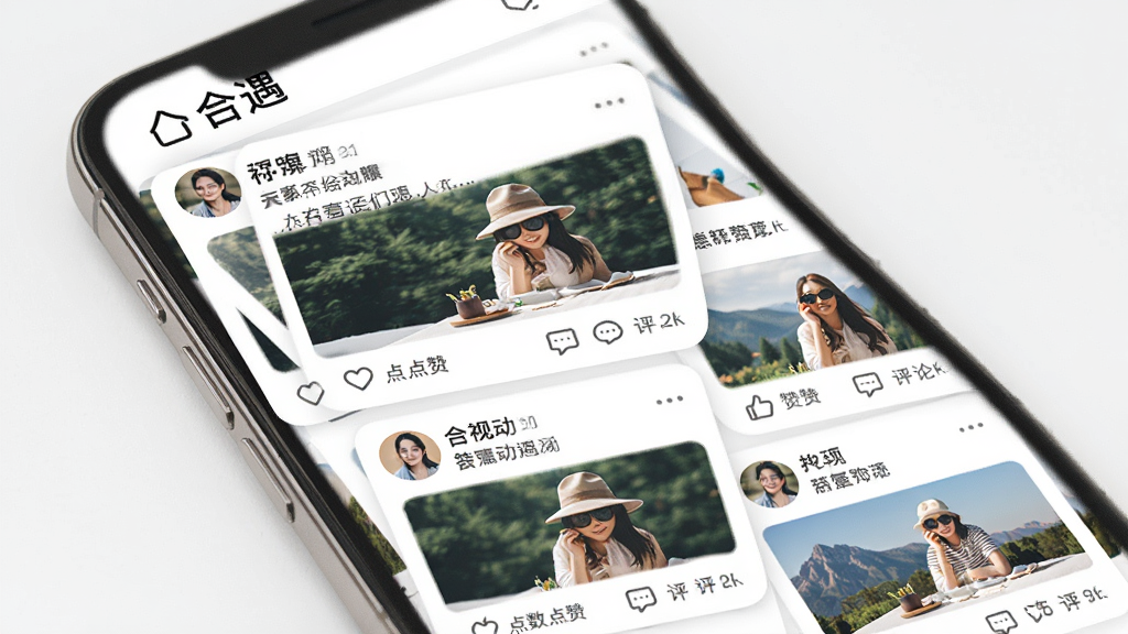����App�Ķ�̬�㳡���棬�������ֻ���Ļ���������ٲ���ʽ��ͼ�Ŀ�Ƭ��ÿ�ſ�Ƭ�����û�ͷ���ǳơ���̬���ֺ���ͼ���ײ��е��޺�����ͼ�꣬�Ű�������£���������罻�У�ϸ�ڷḻ�����ʸɾ��޶���Ԫ�أ�������ʾ������������