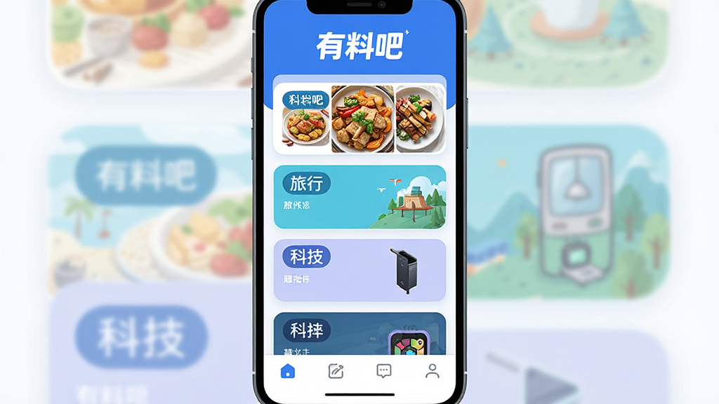 手机屏幕竖版展示,画面主体为“有料吧”应用主界面,顶部显示“有料吧”文字logo,中间是瀑布流式的资讯卡片,卡片上有美食、旅行、科技等不同分类标签,底部为简洁的导航栏,整体布局清晰,蓝白配色为主,风格现代扁平,细节圆润,画质干净,无多余元素