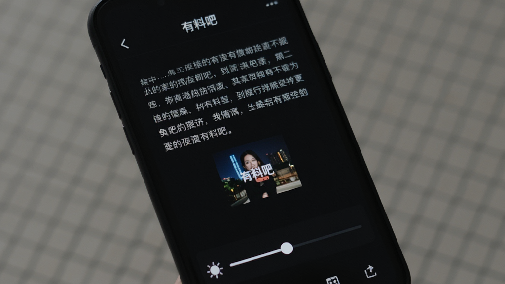 手机界面特写,展示“有料吧”的夜间模式阅读界面,深色背景上显示着排版整齐的文字和一张小图,顶部有“有料吧”字样,底部有亮度调节滑块,整体色调暗沉护眼,风格简约,画质干净,无多余元素