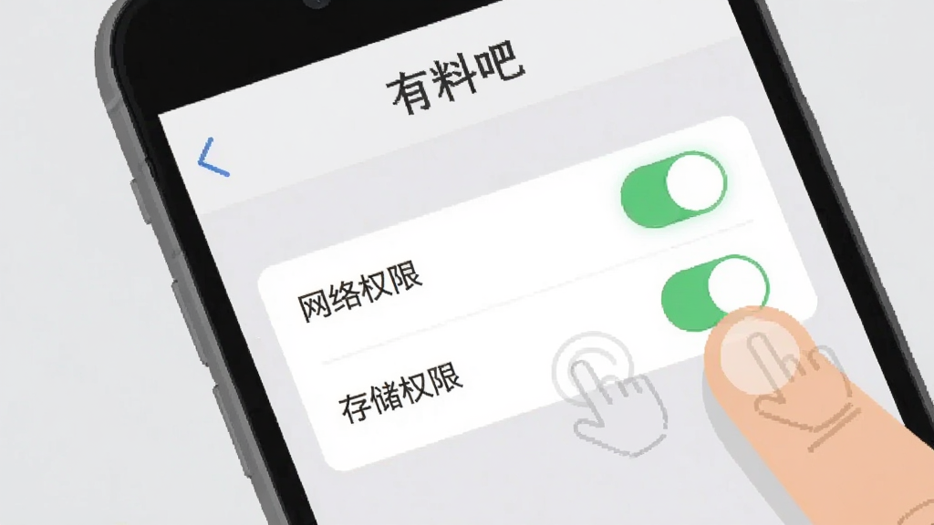 手机屏幕显示“有料吧”的权限设置界面,画面中有网络权限、存储权限的开关按钮,旁边有手指点击的动画示意,背景是浅灰色,界面简洁,文字清晰,风格扁平化,画质干净,无多余元素