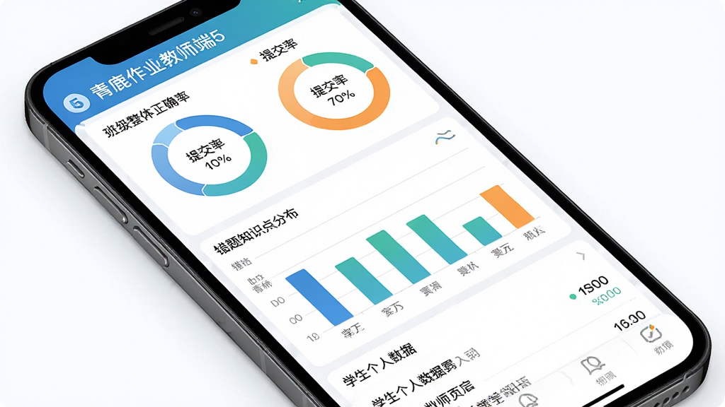 青鹿作业教师端5 学情数据统计页面界面展示图。主体是手机屏幕,屏幕内显示青鹿作业教师端5的数据统计界面,上方是班级整体正确率和提交率两个环形图表,中间是错题知识点分布柱状图,下方是学生个人数据列表。布局为纵向滚动式手机界面。风格为数据可视化教育应用风格,蓝绿橙配色区分不同数据。细节上图表线条平滑,数字标注清晰。画质高清干净,无多余元素。
