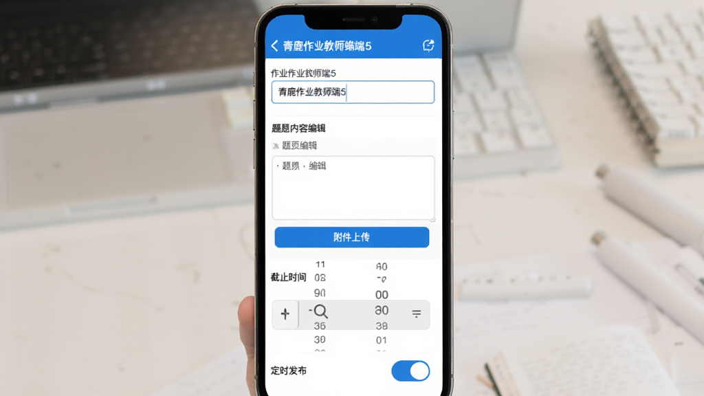青鹿作业教师端5 作业布置页面界面展示图。主体是手机屏幕,屏幕内显示青鹿作业教师端5的作业发布界面,上方是作业标题输入框,中间是题目内容编辑区和附件上传按钮,下方是截止时间选择器和定时发布开关。布局为从上到下的表单式排版。风格为简洁教育应用风格,白底蓝 accent 配色。细节上输入框有浅灰边框,时间选择器为滚轮样式。画质高清干净,无多余元素。