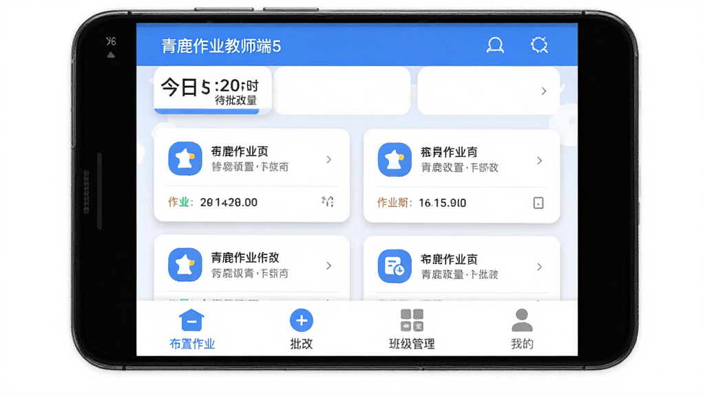 青鹿作业教师端5 应用主界面展示图。主体是一个安卓手机屏幕,屏幕内显示青鹿作业教师端5的首页界面,顶部是班级名称和今日待批改数量,中间是作业列表卡片式布局,底部是布置作业、批改、班级管理、我的四个导航栏图标。布局简洁清晰,排版为手机竖屏展示。风格为现代扁平化教育类应用设计,蓝白配色为主。细节上图标圆润、文字清晰、卡片有轻微阴影。画质高清干净,无多余元素。