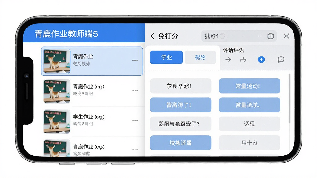 青鹿作业教师端5 批量批改功能界面展示图。主体是手机屏幕,屏幕内显示青鹿作业教师端5的批量批改页面,左侧是学生作业缩略图列表,右侧是打分区域和评语选择面板,面板中排列着多条常用评语按钮。布局为左右分栏式手机界面,排版紧凑合理。风格为教育工具类应用,蓝白灰配色。细节上按钮有选中高亮状态,评语文字清晰可读。画质高清干净,无多余元素。