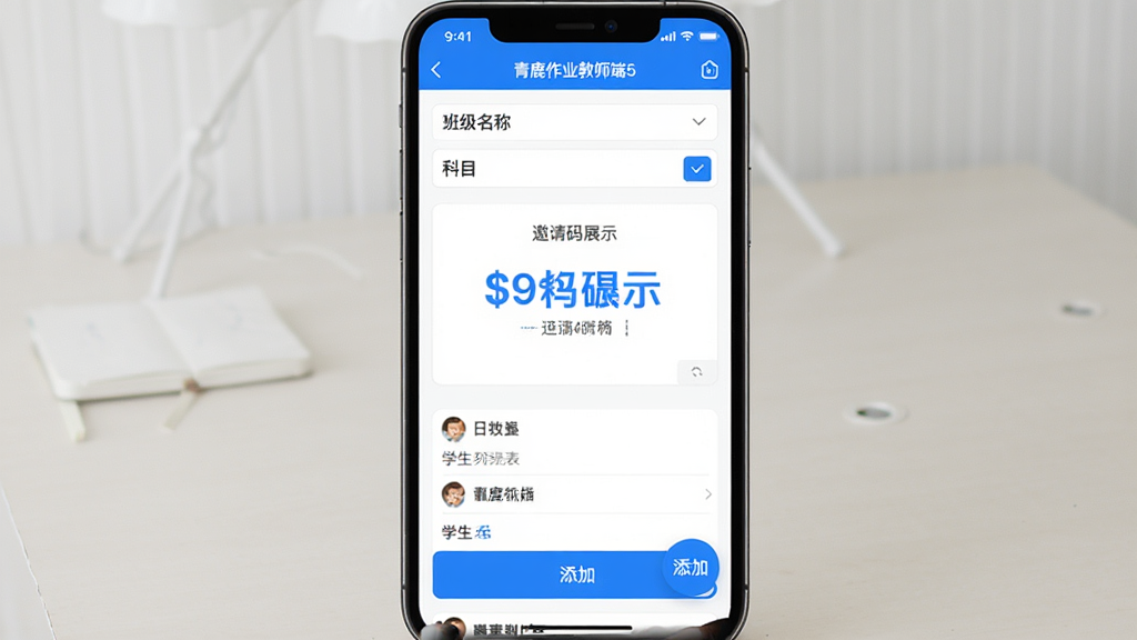 青鹿作业教师端5 移动端操作指引图。主体是手机屏幕,屏幕内显示青鹿作业教师端5的班级创建页面,上方是班级名称和科目选择,中间是邀请码展示区域,下方是学生列表和添加按钮。布局为手机竖屏表单式排版。风格为教育应用引导页风格,白色背景配合蓝色主色调。细节上邀请码用大号字体突出显示,添加按钮为圆形悬浮样式。画质高清干净,无多余元素。