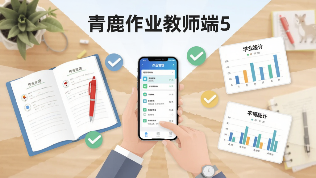 一张展示“青鹿作业教师端5”核心功能的合成海报,画面主体是一位教师在书桌前使用手机,手机屏幕显示作业管理界面,周围环绕着作业本、红笔、对勾图标和学情统计图表,布局采用中心放射状排版,风格清爽现代扁平化,细节上突出“青鹿作业教师端5”字样,画质干净明亮,无多余元素