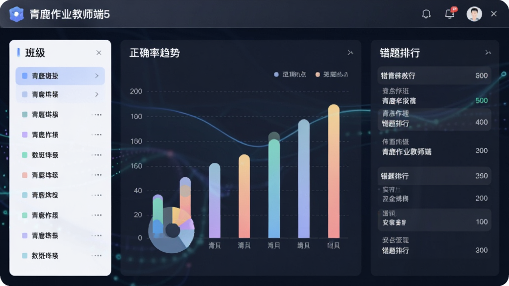 一张数据可视化大屏风格的图片,展示“青鹿作业教师端5”的学情报告页面,主体是柱状图和饼图结合的数据看板,布局左侧是班级列表,中间是正确率趋势图,右侧是错题排行,风格偏科技教育感,细节上图表颜色柔和,画质高清,背景干净