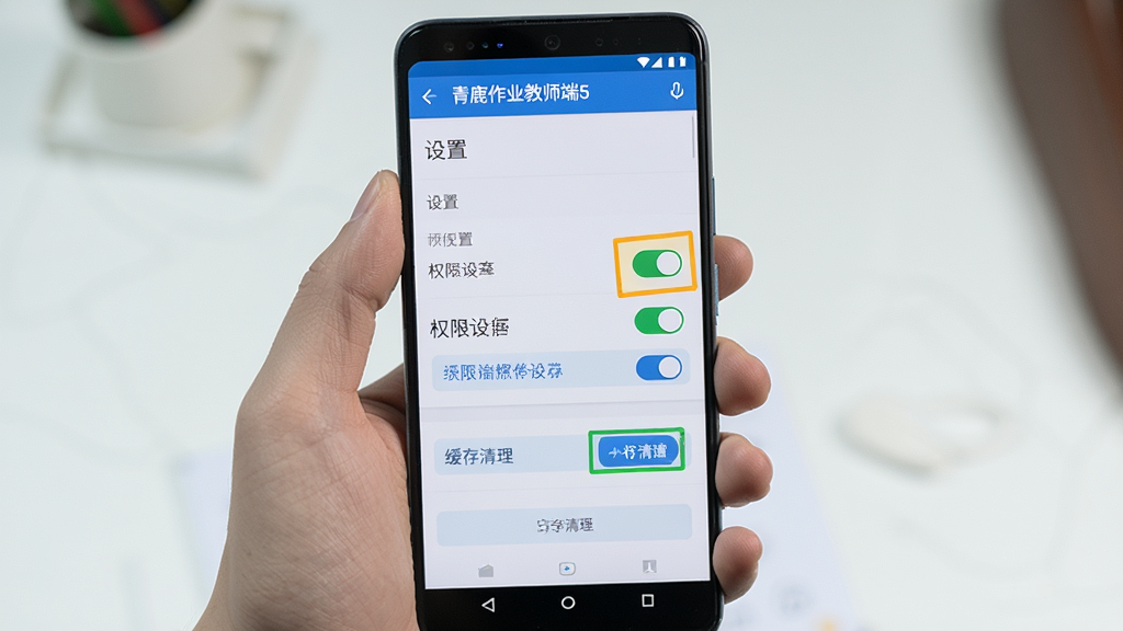 一张手机界面操作指引图,画面中一只手拿着安卓手机,屏幕上显示“青鹿作业教师端5”的设置页面,高亮标注了权限开关和缓存清理按钮,布局为竖屏手机特写,风格写实教学风,细节上手部动作自然,画质清晰,背景虚化干净