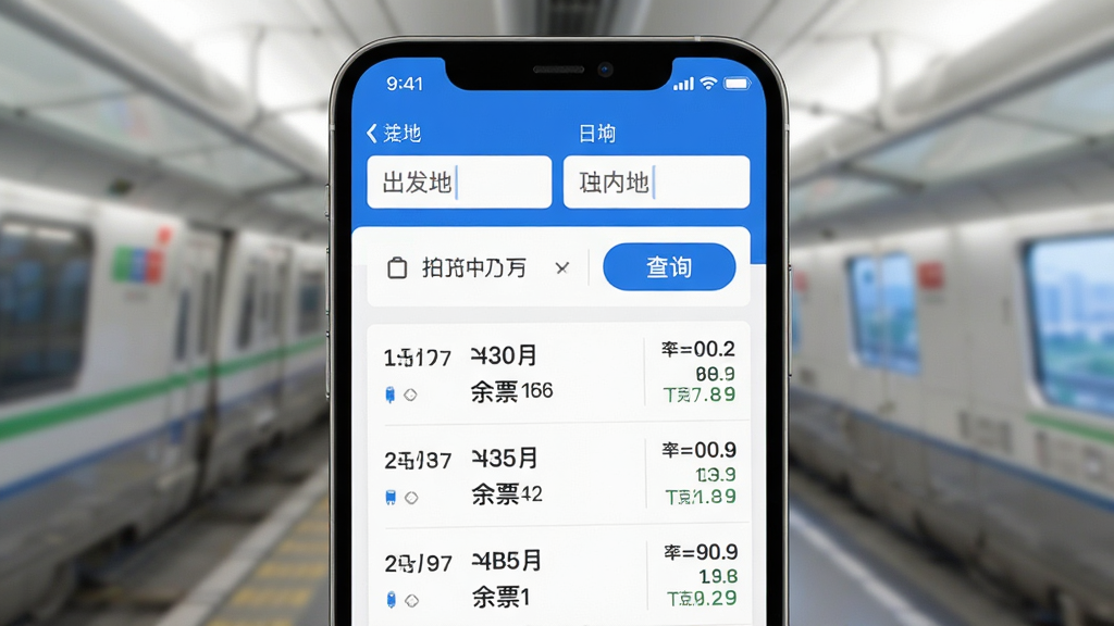 һ���ֻ���Ļչʾ��·��ƱApp�����棬������ʾ�����غ�Ŀ�ĵ�������м�������ѡ��Ͳ�ѯ��ť���·��г����˸������κ���Ʊ��Ϣ��������ɫΪ������䣬������ִ������������ɾ��޶���Ԫ��