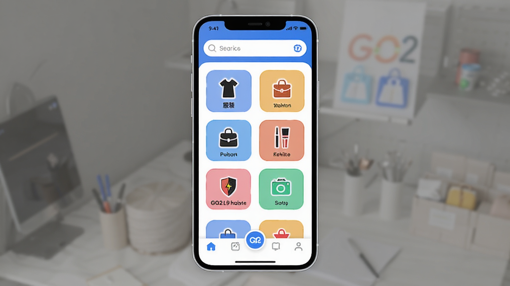 GO2��Դ �ֻ�Ӧ�ý���չʾ ������һ���������ֻ���Ļ ��Ļ����ʾGO2��ԴAPP����ҳ ���ְ������������� �м��Ǹ����Դ����ͼ�����װ ��� ��ױ ����� �ײ��ǵ����� �Ű����� ����ִ���ƽ�� ϸ��Բ�� �������� �ɾ� �޶���Ԫ��