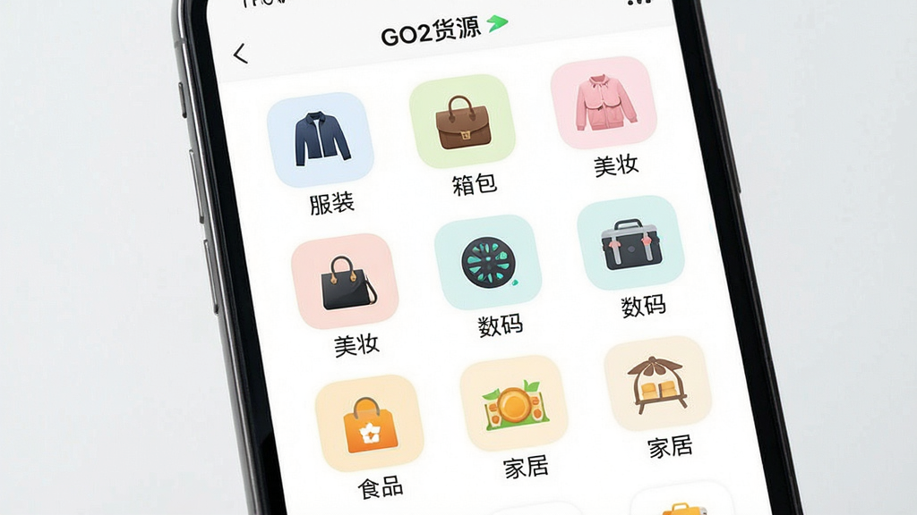 GO2��Դ ����ҳ��չʾ �������ֻ���Ļ ��Ļ����ʾGO2��ԴAPP�Ļ�Դ�����б� ����������״ͼ������ ������װ ��� ��ױ ���� ʳƷ �Ҿӵȷ��� ÿ��ͼ���·������ֱ�ǩ �Ű������� ������� ϸ�ھ��� ���ʸɾ� �޶���Ԫ��