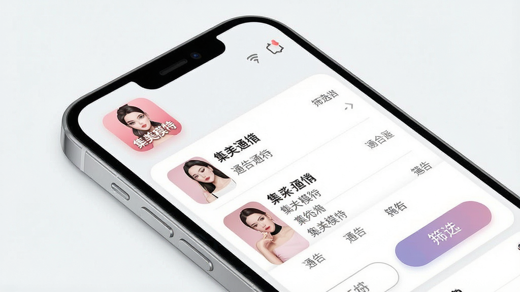 一张手机屏幕展示界面,画面中心是“集美模特”App的图标和主界面,主体是一个现代感十足的手机样机,布局上App图标位于左上角,主界面展示通告列表和筛选按钮,排版简洁清晰,风格为现代扁平化设计,细节上按钮圆润、文字清晰,画质干净高清,无多余元素
