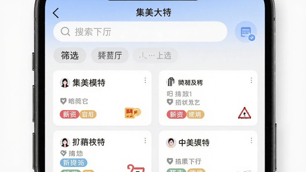 手机界面截图,画面主体是“集美模特”App的通告大厅页面,布局上顶部是搜索框和筛选标签,中间是通告卡片列表,排版整齐,风格为清爽的现代UI风格,细节上卡片带有地点和薪资标签,画质干净,无多余元素