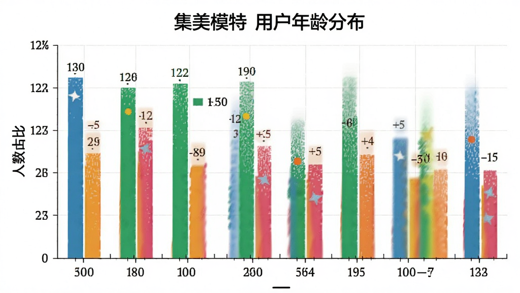 一张柱状图,画面主体是“集美模特”用户年龄分布,布局上横轴为年龄段,纵轴为人数占比,排版清晰,风格为数据可视化图表风格,细节上柱子颜色鲜明、标注清楚,画质干净,无多余元素