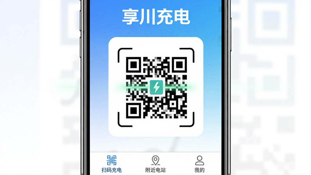 享川充电App主界面截图,手机屏幕中央显示充电二维码扫描区域,顶部有醒目的“享川充电”文字标识,背景是简洁的蓝白渐变风格,底部有“扫码充电”“附近电站”“我的”三个图标标签,整体排版清晰,扁平化设计,画质干净无多余元素
