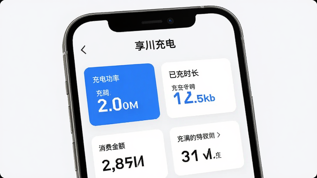 享川充电App充电实时状态页面,手机屏幕上显示充电功率、已充时长、消费金额、预计充满时间等数据卡片,顶部有“享川充电”标题,背景为浅色卡片式布局,数据用蓝色高亮显示,风格现代简洁,画质清晰