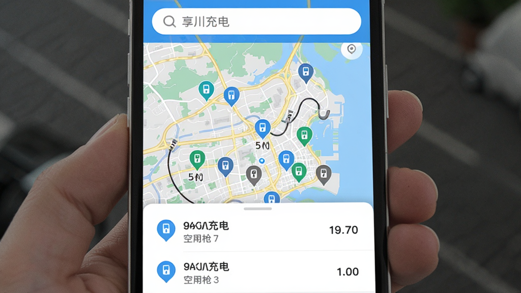 享川充电App附近电站地图界面,手机屏幕显示城市地图上有多个充电站标记点,底部弹出站点列表卡片,标注距离和空闲枪数,顶部搜索栏有“享川充电”字样,风格清新,地图细节丰富,画质干净